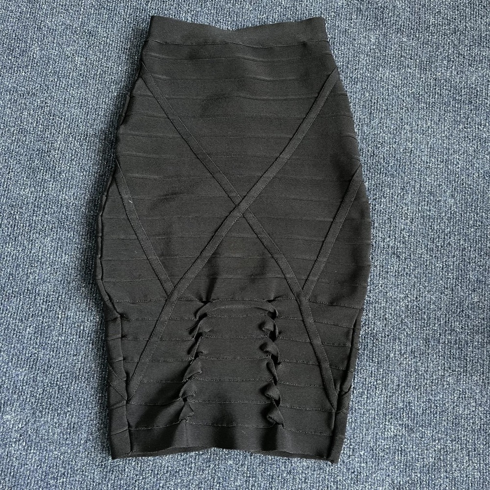 Y2K Bebe Skirt Womens Small Black Bandage High Waist Knee Length Bodycon Party